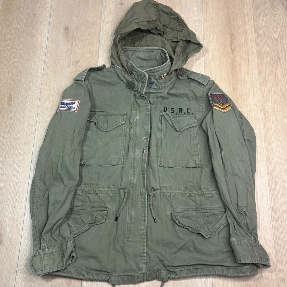 Polo Ralph Lauren Mens XL Distressed Military Field Jacket Olive Green USRL READ